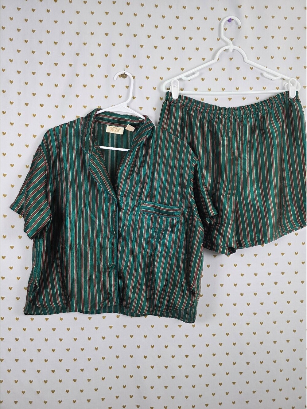 Victorias Secret vintage satin Gold Label Sleep Set Striped Shirt Shorts Medium
